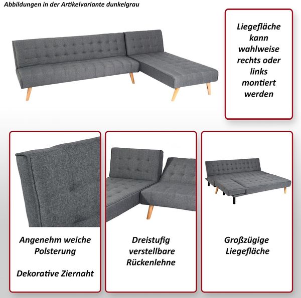 Ecksofa HWC-K38, Sofa Klappsofa, Liegefläche links/rechts, Stoff/Textil Massivholz MVG zertifiziert 256cm ~ hellgrau Bild 2