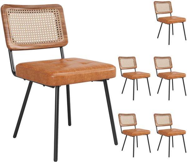 Merax 6er Set Esszimmerstühle aus Kunstleder, Polsterstühle(Set, 6 St), Rattan-Loungesessel Schminkstuhl Ergonomischer Stuhl Leichter Luxusstuhl Retro-Stuhl, Braun