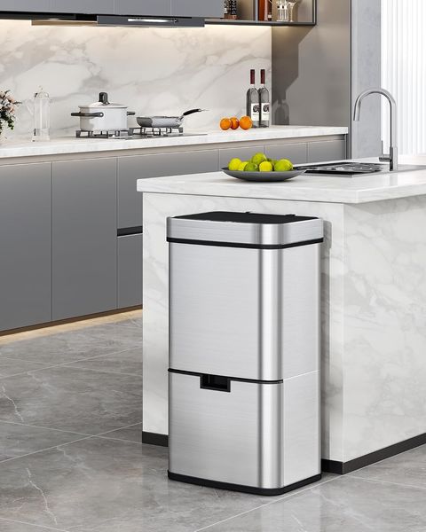 Sensor Küchen Mülleimer 72 L, Automatischer Abfalleimer mit 3+1 Fächer, Mülltrennsystem, Mülleimerdeckel mit Soft-Close-Funktion, Edelstahl, 30 Müllbeuteln, Silber