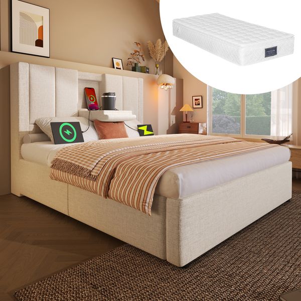 Polsterbett 90x200 cm mit Stauraum, Ladestation & Becherhalter – Einzelbett aus Leinen in Beige inkl. Matratze
