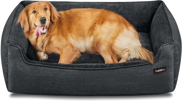 Feandrea Hundebett, Hundekissen in Leinenoptik, Hundekorb, erhöhte Ränder, rutschfeste Unterseite, Bezug abnehmbar waschbar, XL, für große Hunde, 110 x 75 x 27 cm, dunkelgrau