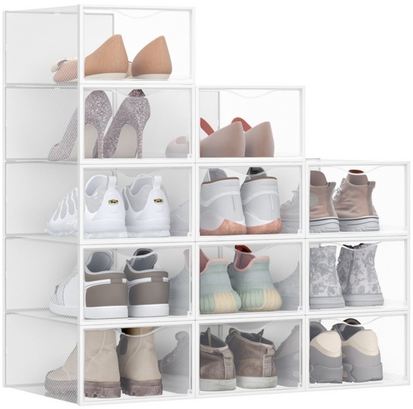Schuhboxen, 12er Set, durchsichtig, aus Kunststoff, mit Tür, stapelbar, 33,2 x 23 x 14,5 cm, transparent-wolkenweiß Bild 5