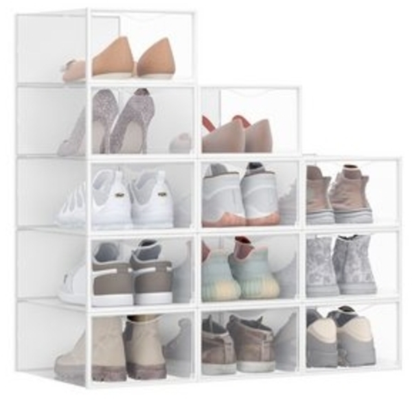 Schuhboxen, 12er Set, durchsichtig, aus Kunststoff, mit Tür, stapelbar, 33,2 x 23 x 14,5 cm, transparent-wolkenweiß Bild 6