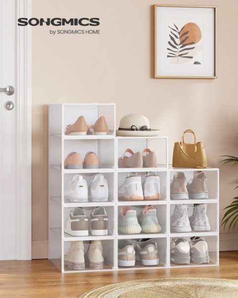 Schuhboxen, 12er Set, durchsichtig, aus Kunststoff, mit Tür, stapelbar, 33,2 x 23 x 14,5 cm, transparent-wolkenweiß Bild 2