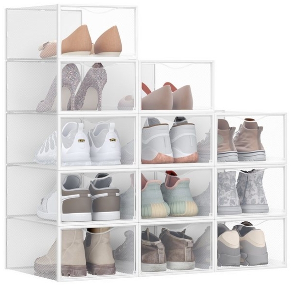 Schuhboxen, 12er Set, durchsichtig, aus Kunststoff, mit Tür, stapelbar, 33,2 x 23 x 14,5 cm, transparent-wolkenweiß Bild 4