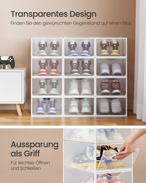 Schuhboxen, 12er Set, durchsichtig, aus Kunststoff, mit Tür, stapelbar, 33,2 x 23 x 14,5 cm, transparent-wolkenweiß Bild 3