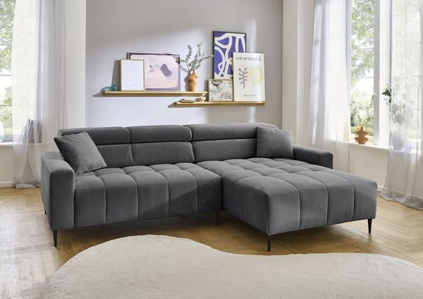 Iwaniccy Wohnlandschaft elektr. Sitztiefenverstellung, Cord grau - 256x100x180cm (BxHxT)