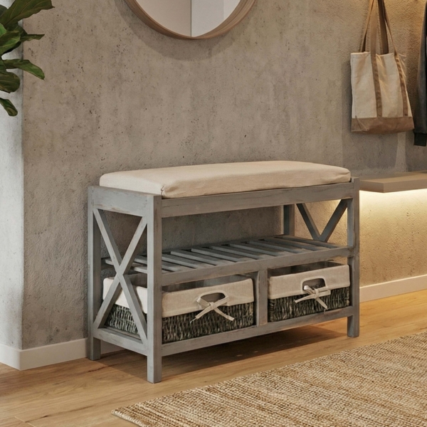 Schuhregal HWC-C48, Sitzbank Schuhablage, Shabby-Look Vintage 45x65x34cm ~ grau