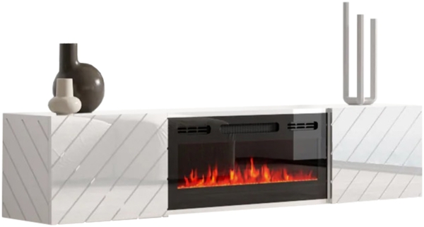 TV-Lowboard Luxe mit Kamin (Farbe: Weiß / Weiß Hochglanz + Schwarz Hochglanz)