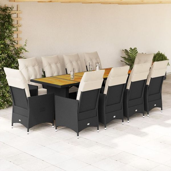 vidaXL 11-tlg. Garten-Bistro-Set mit Kissen Schwarz Poly Rattan 3277256