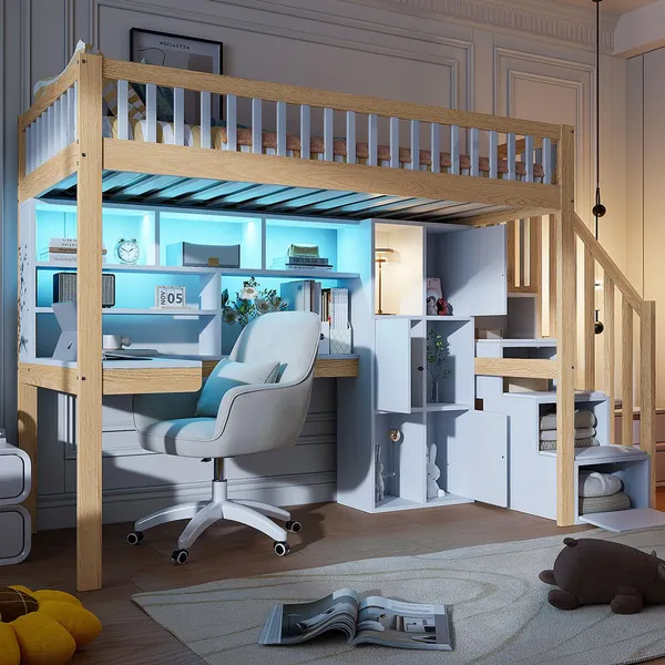 Hochbett mit Schreibtisch, Regal, Schrank, Rausfallschutz und Treppe, 90x200 cm, Kinderbett, Jugendbett, Kiefer