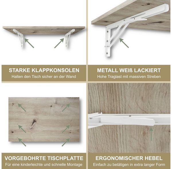 KDR Produktgestaltung Wandklapptisch Schreibtisch Tischplatte 80x50 cm in Eiche astig Klapptisch Esstisch Küchentisch für die Wand Bartisch Stehtisch Wandtisch Tisch klappbar zur Wandmontage Bild 4