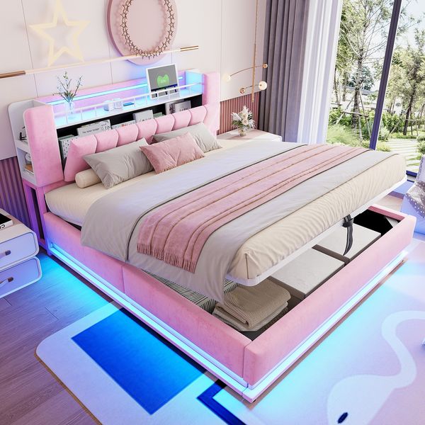 Smartes Polsterbett 180 x 200 cm mit LED-Beleuchtung, USB- und hydraulischem Stauraum, weichem Samtbezug und Metallrahmen Rosa