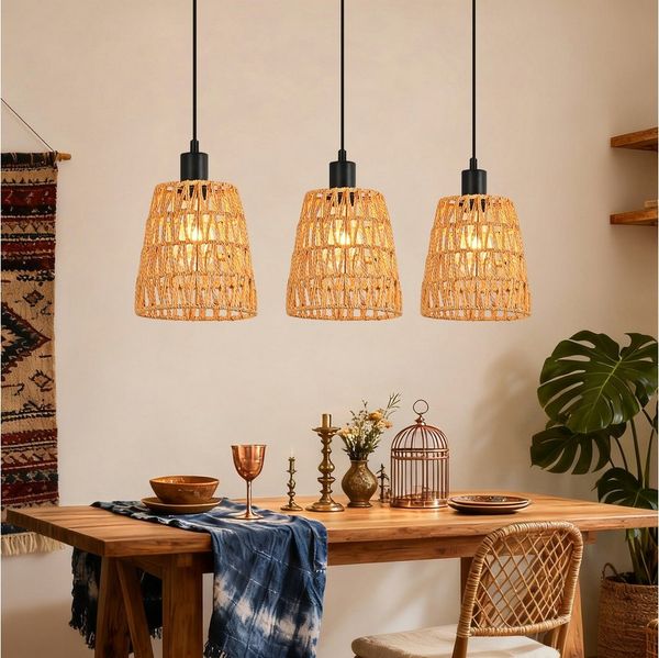 ZMH Pendelleuchte Hängelampe Boho Pendelleuchte Rattan 1/3 Flammig Vintage Geflochten, ohne Leuchtmittel, E27 Hängeleuchte
