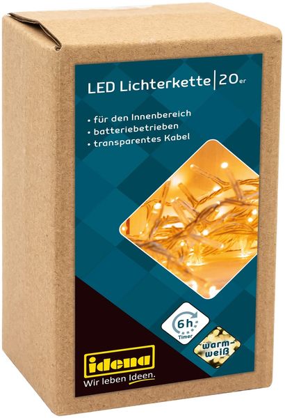 Idena 8582052 - LED Lichterkette mit 20 LEDs in Warmweiß, mit 6 Stunden Timer Funktion, batteriebetrieben, ca. 1,8 m lang, Deko für Innen, zum Basteln, als Party Deko, Weihnachtsdeko, zur Hochzeit