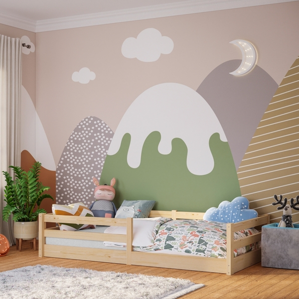 Bellabino 'Iskri' Bodenbett 90x200 cm, natur, Massivholz Kiefer, Montessori Kinderbett mit Rausfallschutz und Lattenrost