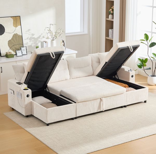 4-Sitzer Sofa mit Cordbezug, Schlaffunktion & Stauraum, 272x136x86 cm, Beige