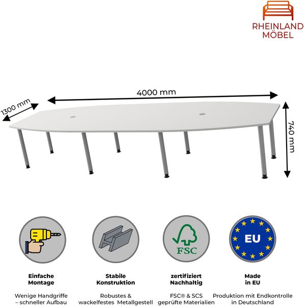 Rheinland Möbel Konferenztisch KONTI 400x130 cm – ovaler Besprechungstisch in Grau mit silbernen Rundrohrfüßen & 2 Kabelauslässen, erweiterbarer Meetingtisch für 12–14 Personen, moderner XXL-Tisch fürs Büro Bild 3