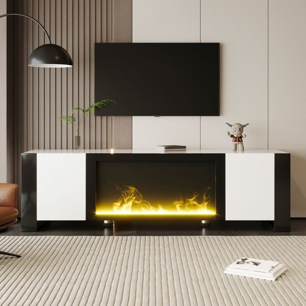 TV-Schrank 165x32x55 cm mit Elektrokamin, Hochglanz Weiß/Schwarz, 2 Türen