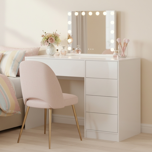 Bellamio 'Livny' Schminktisch mit Spiegel, Hollywood Spiegel mit LED-Beleuchtung, mit 5 Schubladen beidseitig montierbar, weiß Hochglanz, 80x53x110 cm