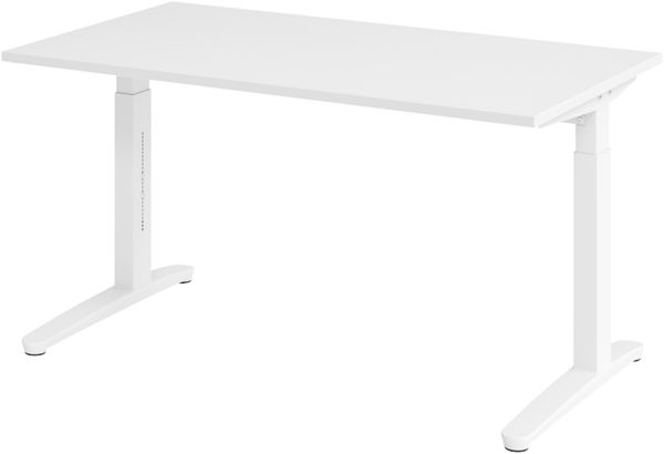 bümö manuell höhenverstellbarer Schreibtisch 140x80 in weiß, Gestell in weiß - PC Tisch höhenverstellbar & klein, höhenverstellbarer Tisch Büro, kleiner Computertisch verstellbar, X14-W-WW