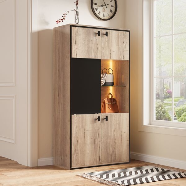 Schrank, Holzwerkstoff in Holzoptik mit LED & Schiebetür, 77,8x36x150 cm, Natur/Schwarz