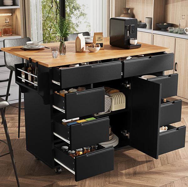 Kücheninsel 122 x 74,5 x 91,5 cm – klappbare Tischplatte, 8 Schubladen, MDF, Schwarz