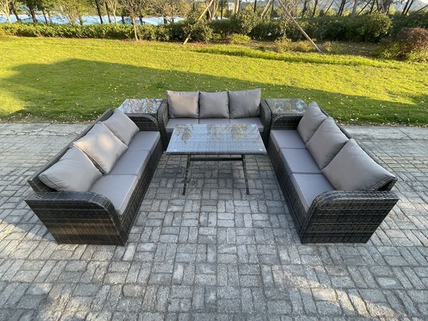 Fimous 9-Sitzer Polyrattan Gartenmöbel Set mit Rechteckiger Esstisch 2 Beistelltischen Polyrattan Garten Sofa im Freien Set