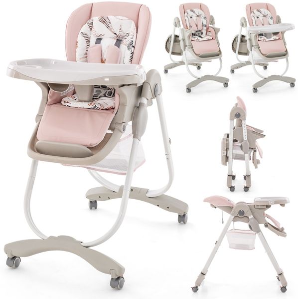 Klappbarer Hochstuhl mit Rädern & Verstellbarer Höhe & Fußstütze & Rückenlehne Babysitz Rosa