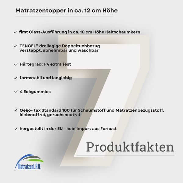 MatratzenL.A.B®, Topper TENCEL™ Lyocell® Premium Bezug, 200x200, H4/H5 sehr fest, 12 cm hoch, Kaltschaum, Matratzentopper ideal für Ihre Boxspringbett. klebstofffrei