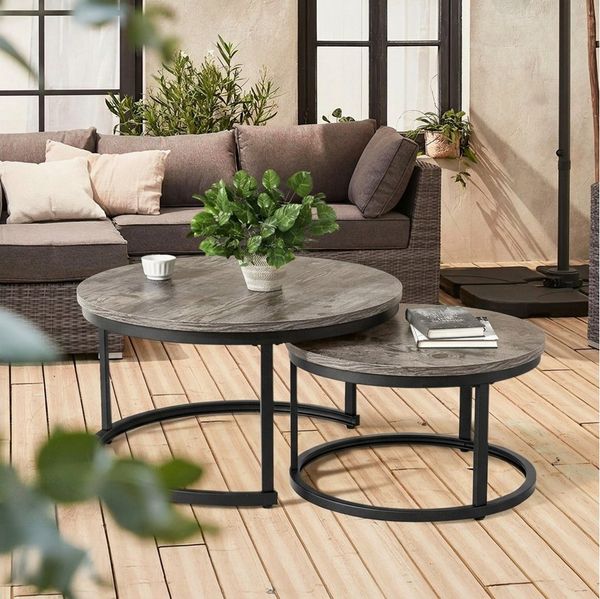HawthyHome Couchtisch 2er-Set runde Beistelltische aus Holz & Metall, Grau (2-St), Das zweiteilige Set bietet flexible Nutzungsmöglichkeiten