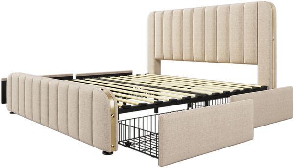 Polsterbett 90×200 cm aus Leinen-Stoff mit zwei Schubladen, grau Bild 9