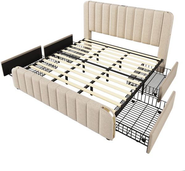 Polsterbett 90×200 cm aus Leinen-Stoff mit zwei Schubladen, grau Bild 7