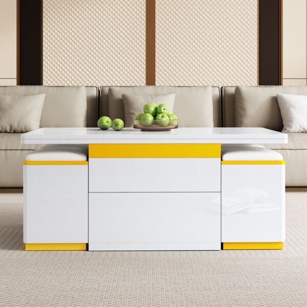 Couchtisch Set, MDF/Spanplatte mit Klapp- & Hebefunktion, 100x50x43 cm, Weiß/Gelb