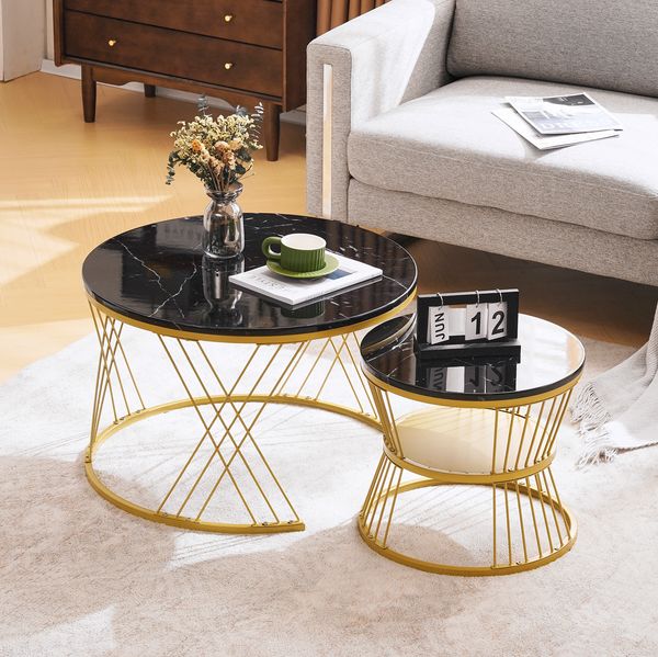 Couchtisch 70 x 70 x 45 cm 2er-Set mit Marmormuster und Goldoptik-Metallgestell
