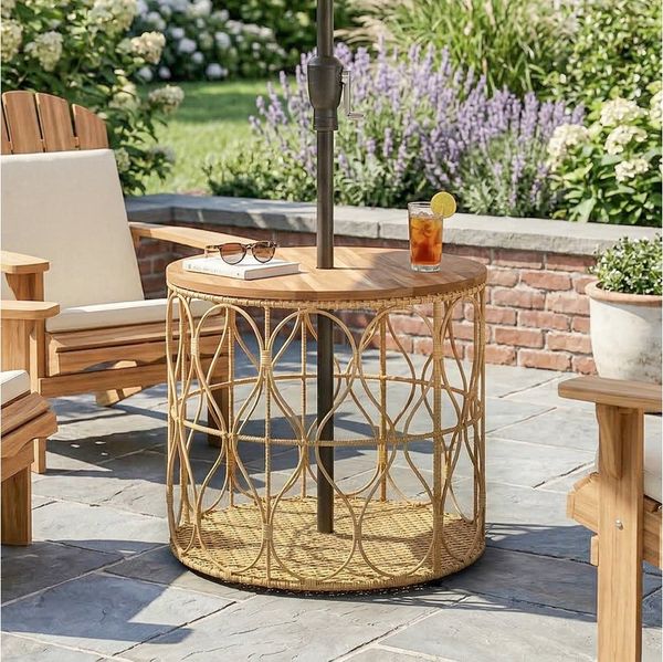 Outsunny Beistelltisch mit Rattanoptik, Akazienholzplatte, verstellbaren Füßen (Balkontisch, 1-St, Gartentisch), für Garten Terrasse Balkon Teak