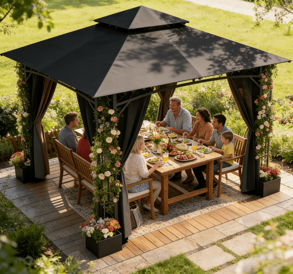Devoko Gartenpavillon 300x300 cm mit Doppeldach, Vorhängen & Blumenrahmen, wetterfest & UV-beständig, Schwarz