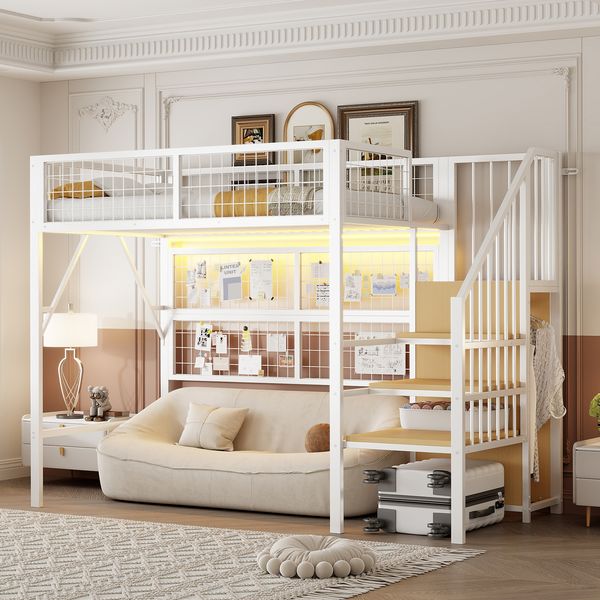 Eisenbett, Etagenbett, Hochbett 90*200, Geeignet für Kinder und Jugendliche Vielseitiges,Metall-Hochbett mit APP-gesteuerten LED-Lichtleisten Treppe mit Stauraum, offenem Kleiderschrank Schwarz Weiß