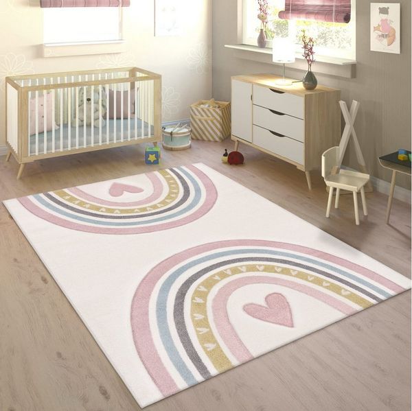 KADIMA DESIGN Kinderteppich Regenbogen mit Herz Kinderzimmer schmutzabweisend Teppich Kinder, Läufer, Höhe: 16 mm, Florhöhe: 12 mm, Polypropylen, Läufer, 80x150, Pink
