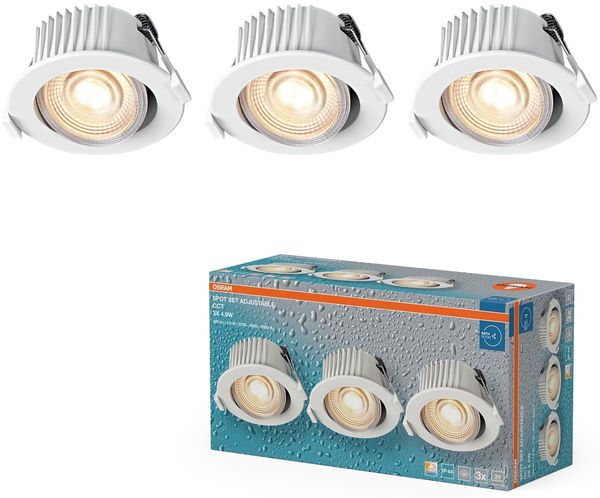 Osram Spot Set LED Einbaustrahler CCT IP44 4,9W Weiß 88mm, 3er Set Badezimmer Click-CCT, 290lm, 2700–6500K