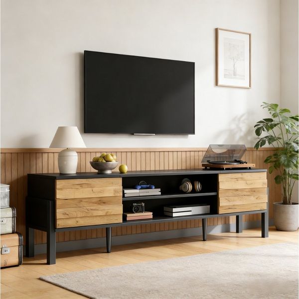 Merax Lowboard Fernsehschrank TV-Lowboard Fernsehtisch (für Fernseher bis 70 Zoll, 1 St), TV-Schrank mit 2 Schränken & Offenem Stauraum, 175 x 39.5 x 53 cm