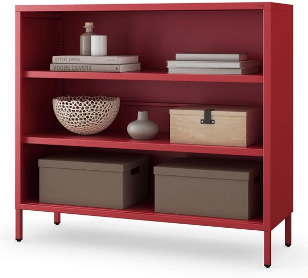 Metall Kommode offen LUCA - 4 Ebenen, Industrie-Design | Metallregal klein Standregal Stahl Büro Wohnzimmer Arbeitszimmer, 90x100x35cm Rot