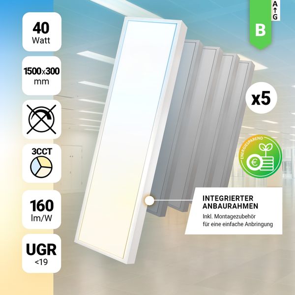 5x LED Anbaupanel 150x30 cm 3CCT 40W UGR