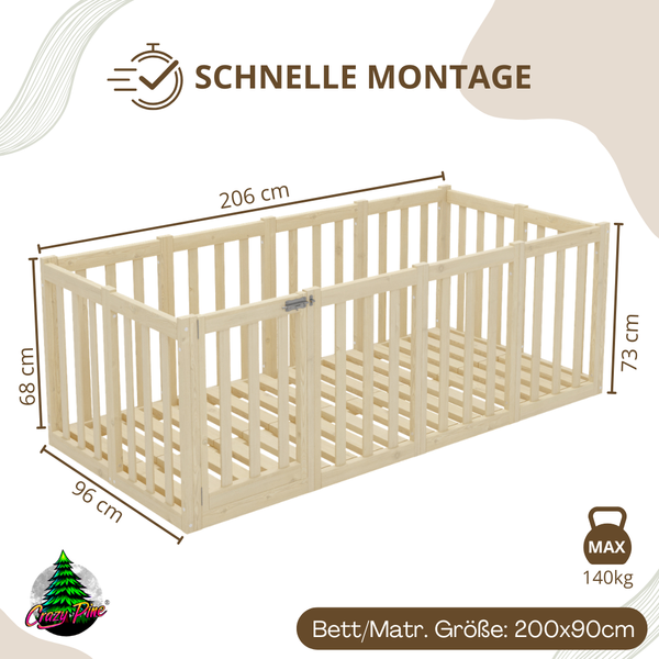 Crazy Pine 'Crazy John' Kinderbett mit hohem Rausfallschutz 73 cm, Holz, Natur, 90x200 cm Bild 2