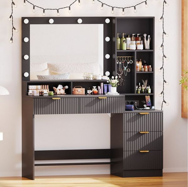 Furnicopia Schminktisch Einstellbare LED-Beleuchtung Fünf Schubladen und sieben Staufächer (Abmessungen: 114 × 40 × 149 cm Der Schminktisch verfügt über zwei europäische Steckdosen, einen USB-Anschluss, einen Typ-C-Anschluss und zwölf Schmuckhaken-oste...