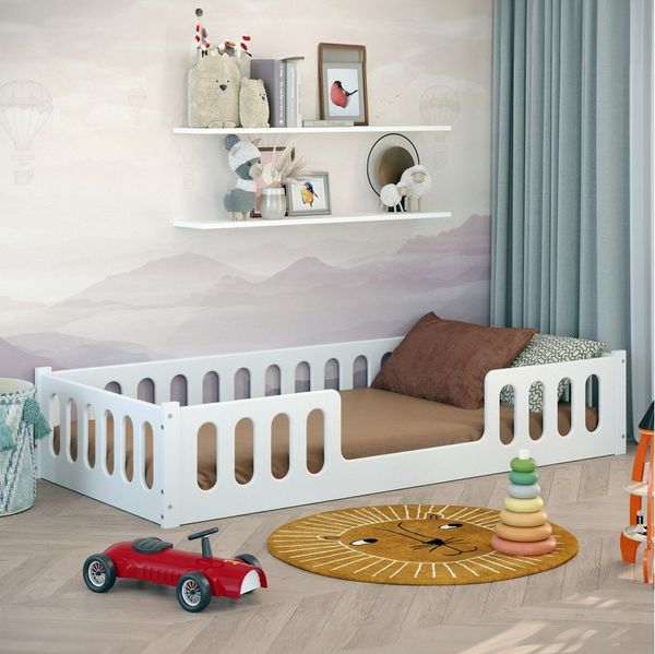 CADANI Monte 2in1 Bodenbett 90x200 cm Montessori Kinderbett Rausfallschutz abnehmbar - weiß, 37 kg schwer, bis 200 kg belastbar, extra starker Roll-Lattenrost, umbaubar