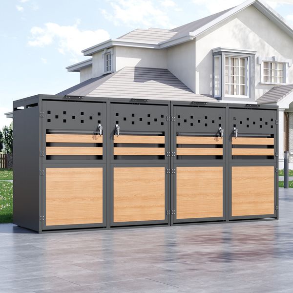 Mülltonnenbox, mit Klappdeckel, trash storage compartments,Abschließbar, Vier Türen,Horizontale Holzmaserungsblöcke