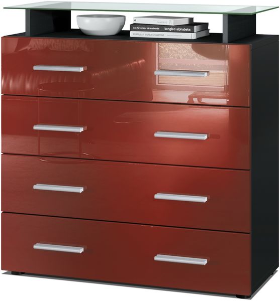 Vladon Sideboard Pavos V2, Kommode mit 4 Schubladen und Glasablage, Schwarz matt/Bordeaux Hochglanz (76 x 81 x 35 cm)