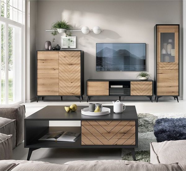 Lomadox Wohnzimmer-Set DALE-160, (Mega-Spar-Set, 4-St, 4-tlg), Wohnwand TV Wand Schrankwand Couchtisch schwarz, Eiche