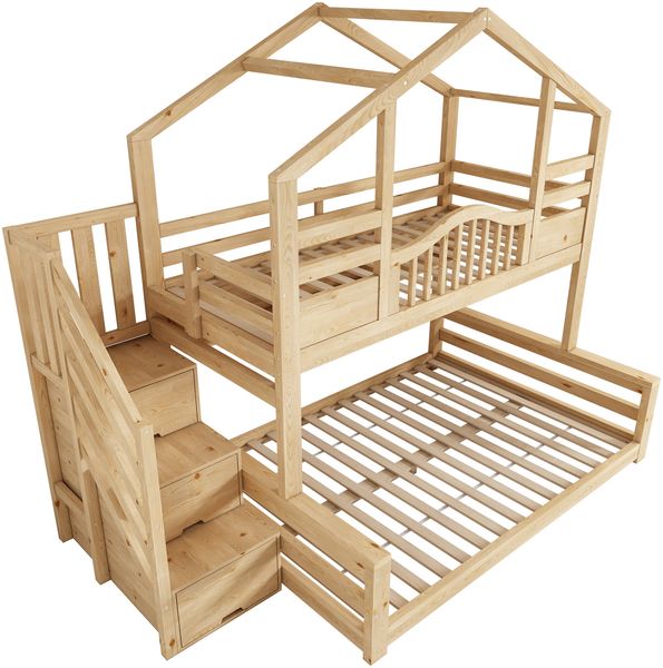 Merax Etagenbett 90x200cm oben 140x200cm unten Hausbett Kinderbett mit Treppenschrank Stauraum Regalen sicherer Aufstieg, Holzfarbe Bild 9